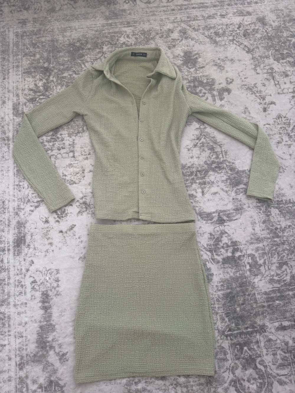 SHEIN Light Sage Green Textured Top & Skirt Set- Size XS